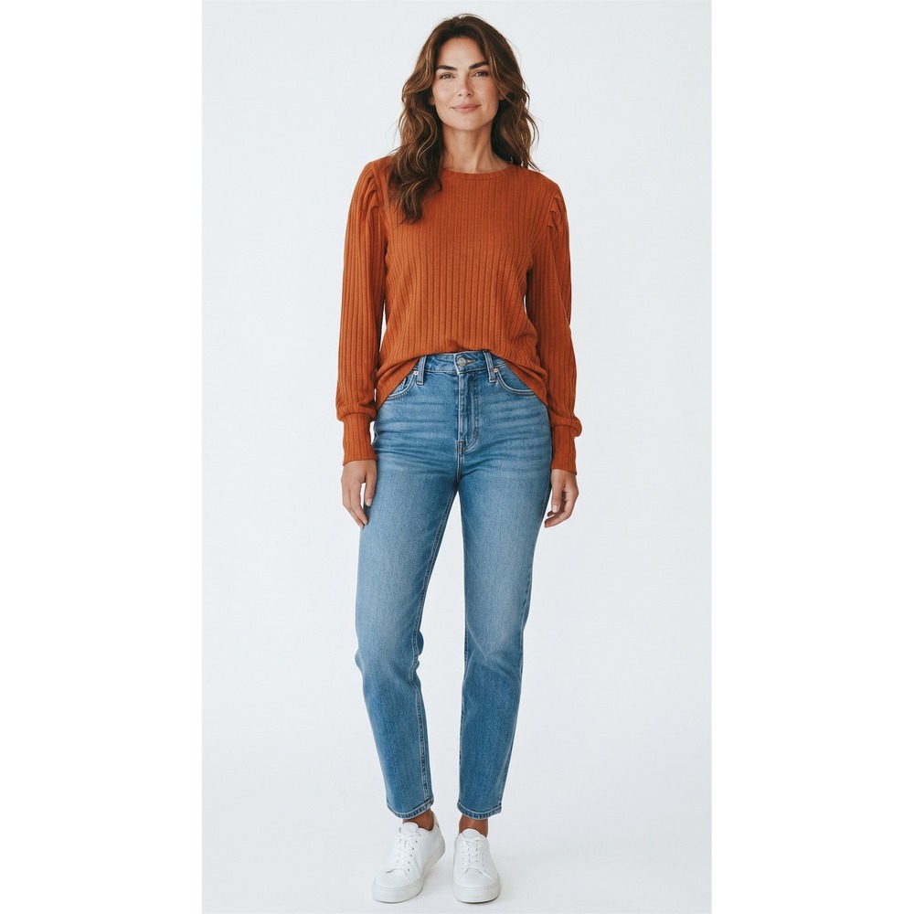 Rust Orange Ribbed Knit Puff‎ Shoulder Long Sleeve Crew Neck Top Large
